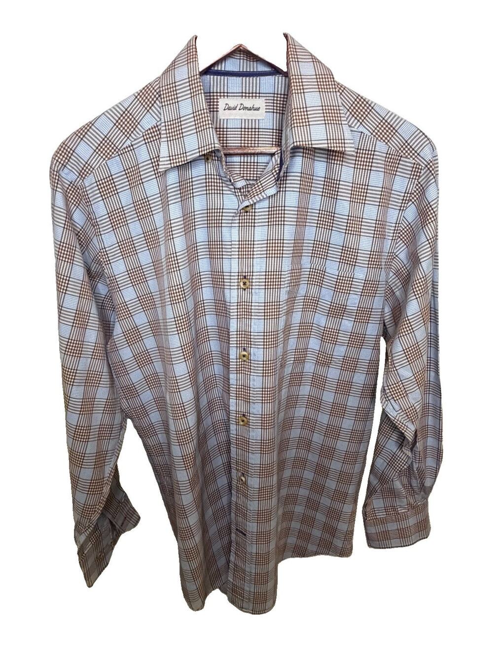 David Donahue Shirt Mens M Blue Brown Plaid Long Sleeve 100% Cotton